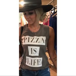 Olive green “Pizza Is Life” muscle tank